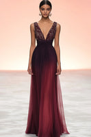 Load image into Gallery viewer, Sparkly Burgundy V-Neck Tulle Sheath Long Formal Dress