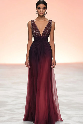 Sparkly Burgundy V-Neck Tulle Sheath Long Formal Dress