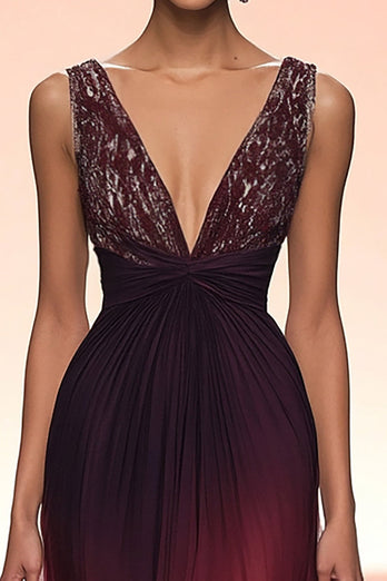 Sparkly Burgundy V-Neck Tulle Sheath Long Formal Dress