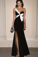 Load image into Gallery viewer, Black White One Shoulder Sheath Floor Length Formal Dress with Slit