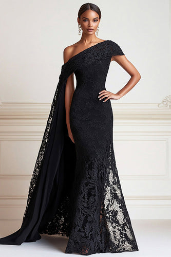 Black One Shoulder Lace Mermaid Formal Dress with Side Cape