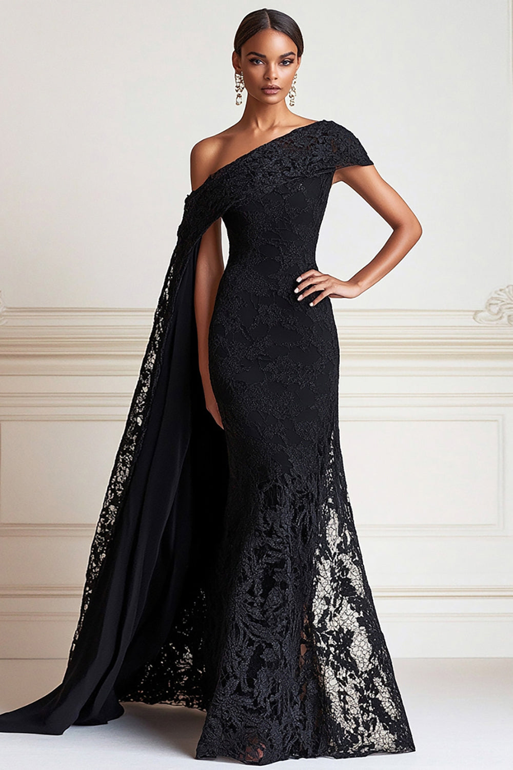 Black One Shoulder Lace Mermaid Formal Dress with Side Cape