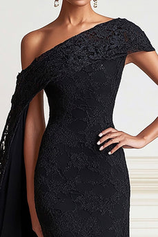 Black One Shoulder Lace Mermaid Formal Dress with Side Cape
