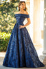 Load image into Gallery viewer, Navy Jacquard Off The Shoulder A Line Formal Dress