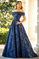 Load image into Gallery viewer, Navy Jacquard Off The Shoulder A Line Formal Dress