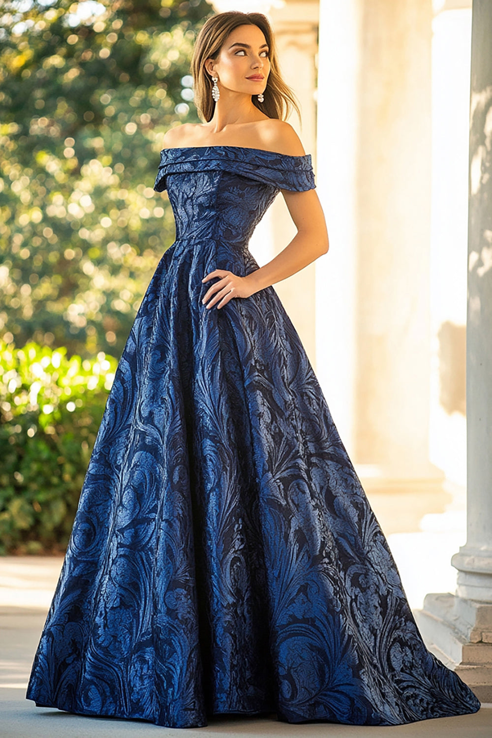 Navy Jacquard Off The Shoulder A Line Formal Dress