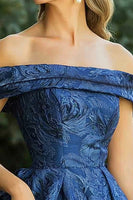 Load image into Gallery viewer, Navy Jacquard Off The Shoulder A Line Formal Dress