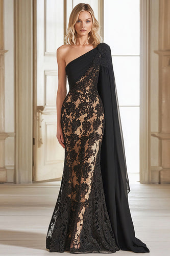 Black One Shoulder Lace Mermaid Formal Dress with Cape