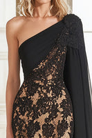 Load image into Gallery viewer, Black One Shoulder Lace Mermaid Formal Dress with Cape
