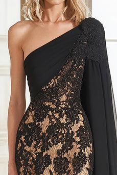 Black One Shoulder Lace Mermaid Formal Dress with Cape