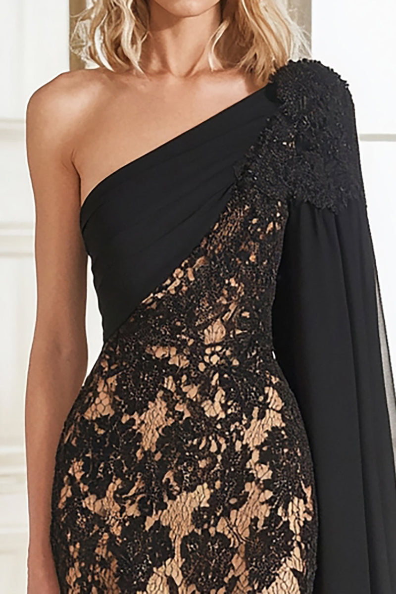 Load image into Gallery viewer, Black One Shoulder Lace Mermaid Formal Dress with Cape