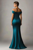 Load image into Gallery viewer, Peacock Blue Mermaid Off The Shoulder Satin Formal Dress