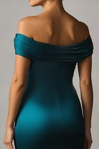 Peacock Blue Mermaid Off The Shoulder Satin Formal Dress