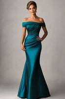 Load image into Gallery viewer, Peacock Blue Mermaid Off The Shoulder Satin Formal Dress