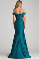 Load image into Gallery viewer, Peacock Blue Satin Ruched Off the Shoulder Mermaid Long Formal Dress