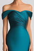 Load image into Gallery viewer, Peacock Blue Satin Ruched Off the Shoulder Mermaid Long Formal Dress