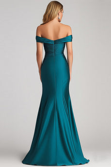 Peacock Blue Satin Ruched Off the Shoulder Mermaid Long Formal Dress