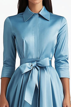 Blue Collar Neck Satin Tea Length A-Line Formal Dress with Bow