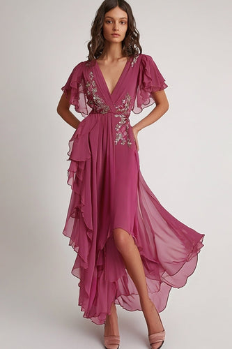 Dark Pink V Neck A Line Floral Maxi Formal Dress with Ruffles