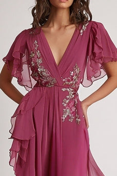 Dark Pink V Neck A Line Floral Maxi Formal Dress with Ruffles