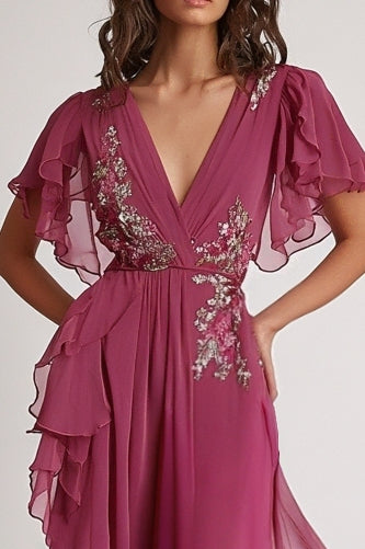 Dark Pink V Neck A Line Floral Maxi Formal Dress with Ruffles