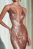 Load image into Gallery viewer, Sparkly Rose Gold Spaghetti Straps Mermid Long Formal Dress with Slit