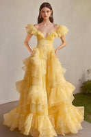 Load image into Gallery viewer, Yellow A Line Off The Shoulder Ruffled Formal Dress