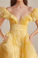Load image into Gallery viewer, Yellow A Line Off The Shoulder Ruffled Formal Dress