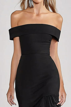 Black Off The Shoulder Tiered Mermaid Long Formal Dress with Slit