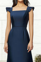 Load image into Gallery viewer, Navy Satin Square Neck A Line Long Formal Dress