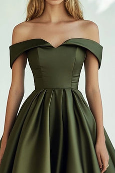 Olive Off the Shoulder Satin Princess Long Formal Dress