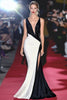 Load image into Gallery viewer, Black White Satin Deep V Neck Mermaid Formal Dress with Slit