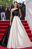 Load image into Gallery viewer, Black White One Shoulder Satin A Line Formal Dress