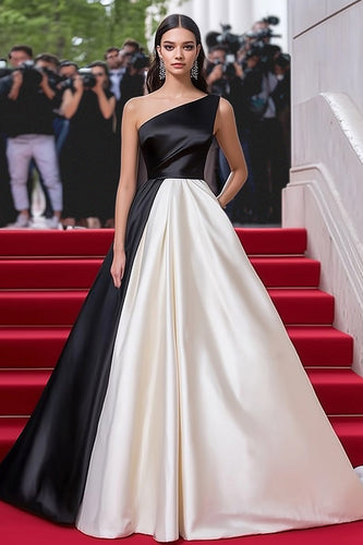 Black White One Shoulder Satin A Line Formal Dress