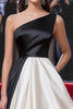 Load image into Gallery viewer, Black White One Shoulder Satin A Line Formal Dress