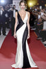 Load image into Gallery viewer, Black White Mermaid Deep V-Neck Long Formal Dress