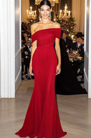 Load image into Gallery viewer, Red Off the Shoulder Chiffon Mermaid Floor Length Formal Dress