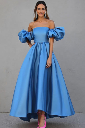 Blue A Line Satin Long Formal Dress with Puff Sleeves