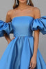 Load image into Gallery viewer, Blue A Line Satin Long Formal Dress with Puff Sleeves