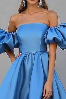 Blue A Line Satin Long Formal Dress with Puff Sleeves