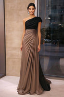 Load image into Gallery viewer, Black Brown Sheath One Shoulder Ruched Floor Length Formal Dress