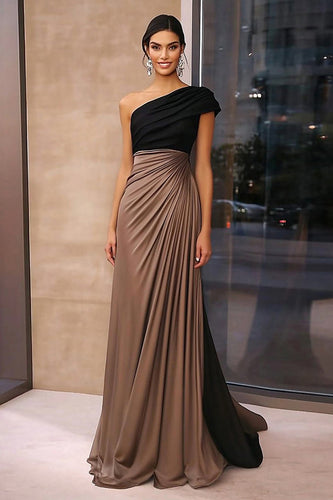 Black Brown Sheath One Shoulder Ruched Floor Length Formal Dress