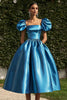 Load image into Gallery viewer, Blue Square Neck Satin Ball Gown Tea Length Formal Dress