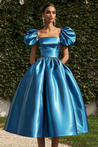 Blue Square Neck Satin Ball Gown Tea Length Formal Dress