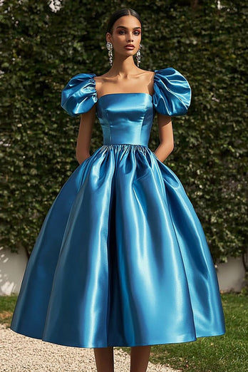Blue Square Neck Satin Ball Gown Tea Length Formal Dress