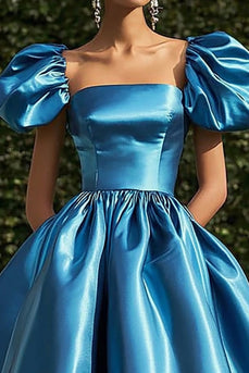 Blue Square Neck Satin Ball Gown Tea Length Formal Dress