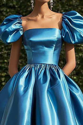 Blue Square Neck Satin Ball Gown Tea Length Formal Dress