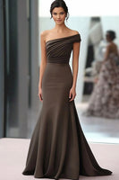 Load image into Gallery viewer, Coffee One Shoulder Ruched Mermaid Long Formal Dress