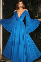 Load image into Gallery viewer, Blue Deep V Neck Pleated A Line Gala Dress with Long Sleeves
