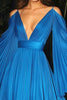 Load image into Gallery viewer, Blue Deep V Neck Pleated A Line Gala Dress with Long Sleeves